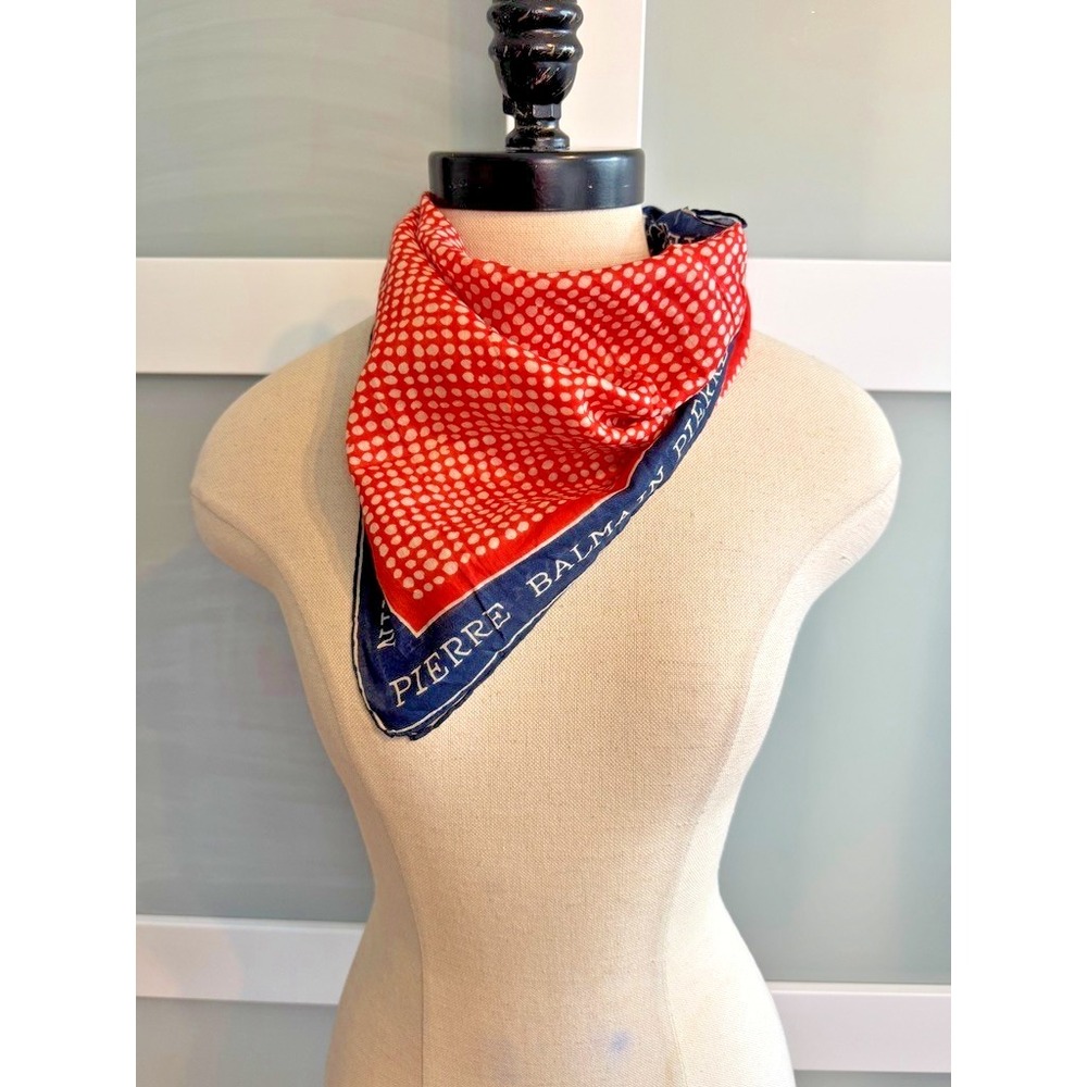Pierre Balmain Scarf 19x19 Red Blue White Polka Dot Vintage French Designer